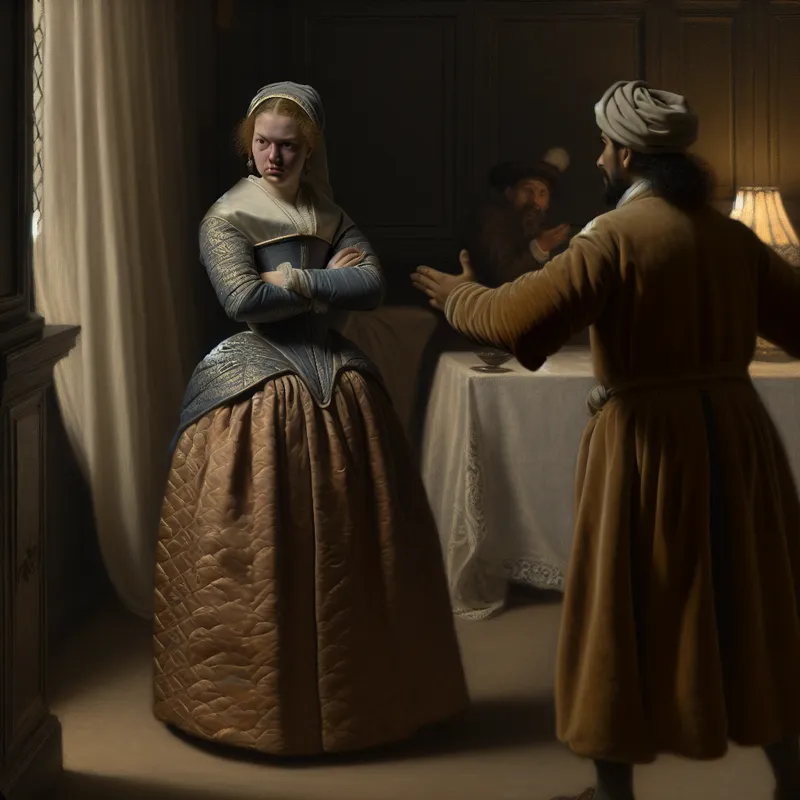 Twee figuren in 17e-eeuwse kleding in een elegante kamer, waarbij een vrouw met over elkaar geslagen armen resoluut weigert zich te verontschuldigen, illustrerend het woord 'vierkant' of 'stellig'