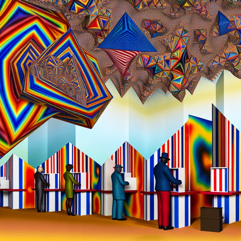 Surrealistische voorstelling van een stembureau omringd door geometrische vormen en optische illusies met diverse mensen die hun stem uitbrengen.