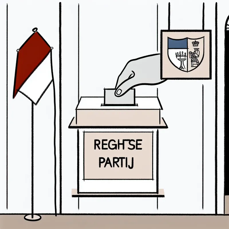 Minimalistische illustratie van een stembureau met stembus voor een rechtse politieke partij, hand die stembiljet inbrengt