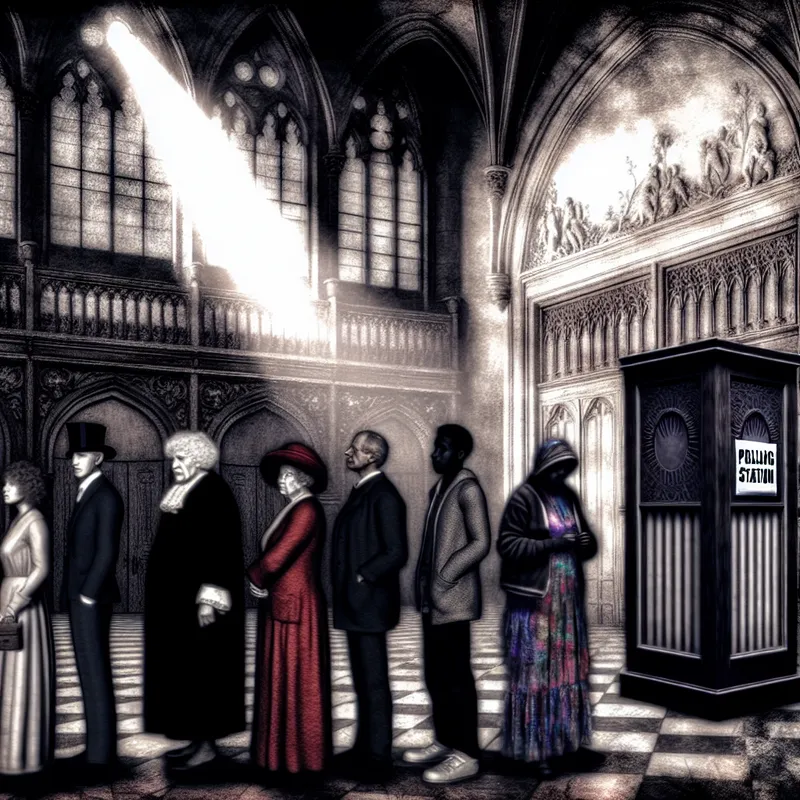 Groep mensen in de rij bij een stemloket, in een gothic-stijl met opvallende schaduwen en expressies van hoop en anticipatie.