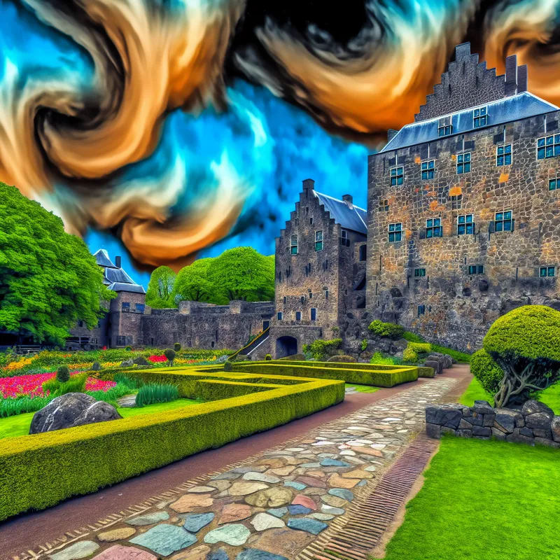 Een majestueus stenen kasteel omgeven door weelderig groen met een dramatische lucht