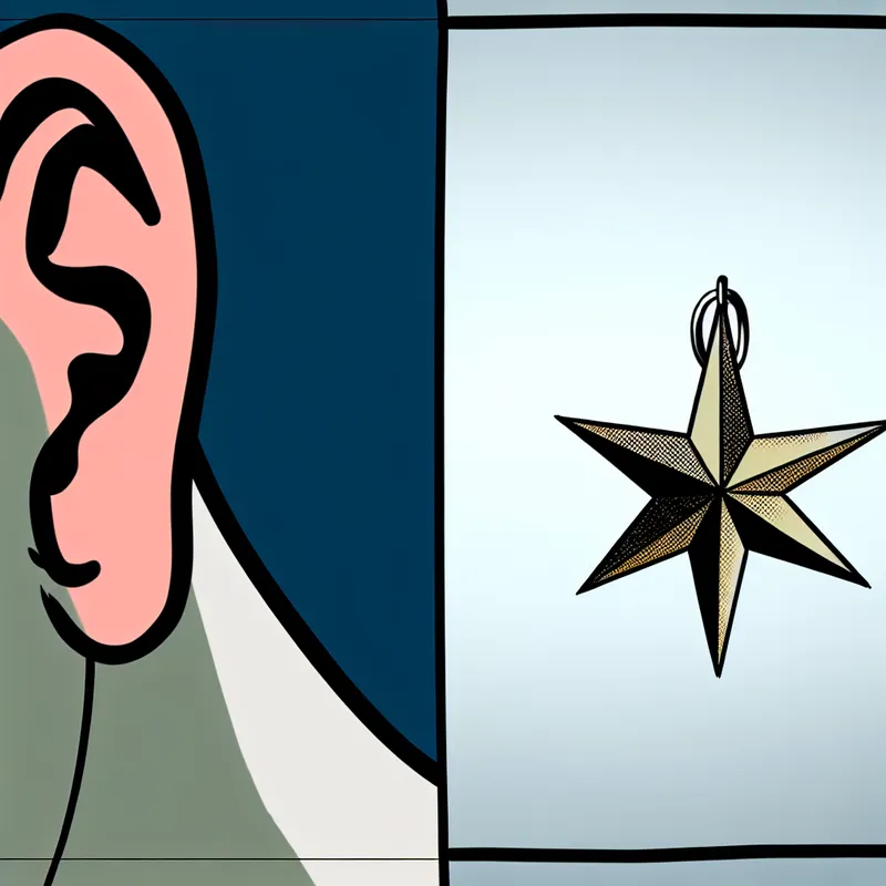 Een stervormige oorbel hangt aan een menselijke oor, eenvoudig en minimalistisch weergegeven.