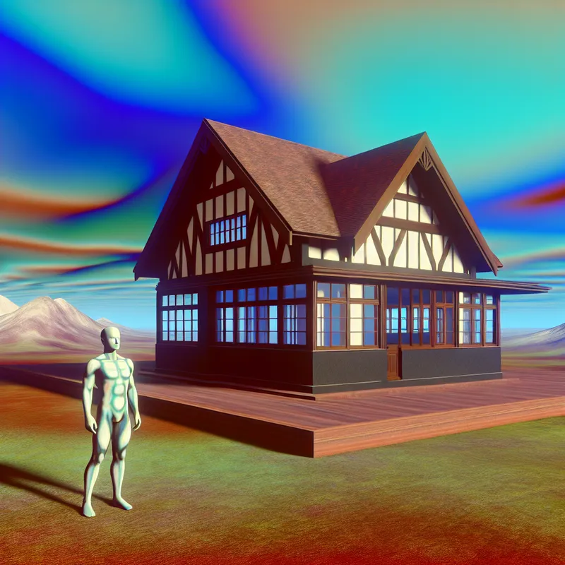 Een hyper-realistisch huis met gedurfde lijnen en solide materialen in een surrealistisch landschap, met een figuur die er zelfverzekerd naar kijkt.