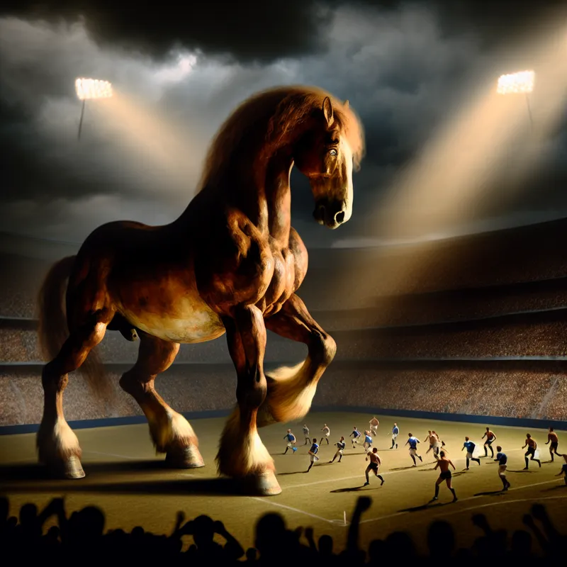 Een sterk paard in een sportarena, dat kracht en leiderschap symboliseert.