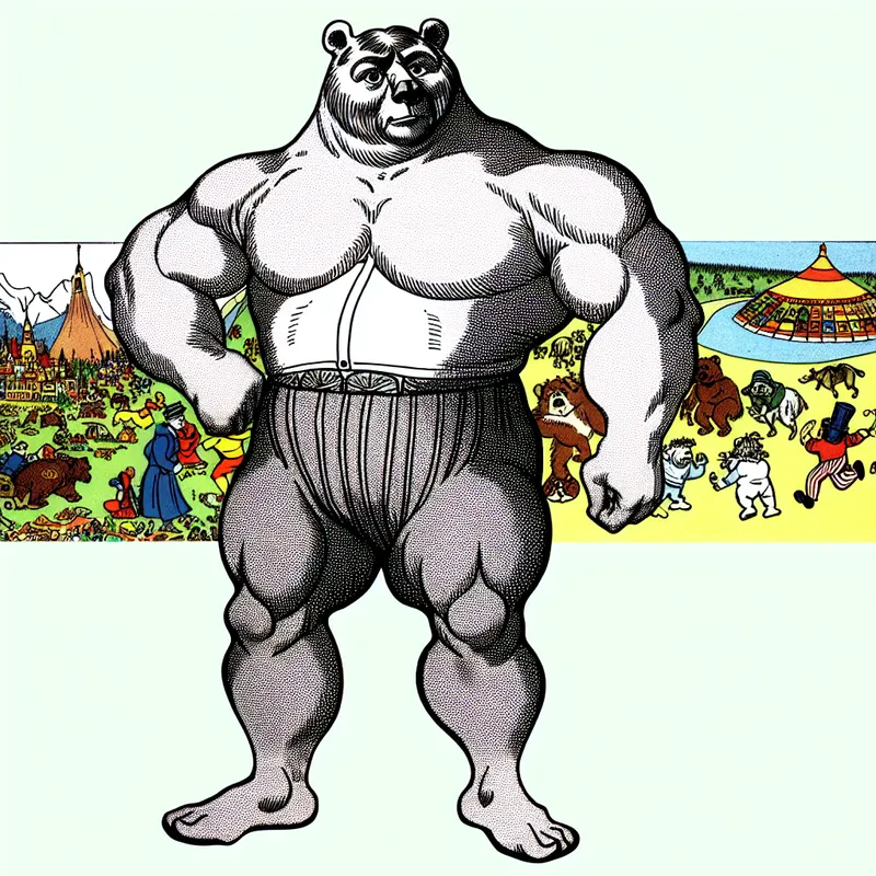 Een grote cartoonachtige beer-figuur die eruitziet als een sterke man met brede schouders en gespierde armen, in een kleurrijke en speelse omgeving.