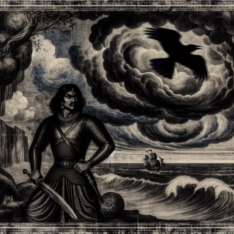 Een sterke mannelijke figuur in middeleeuwse wapenrusting staat op een klif met een woelige zee, omringd door stormachtige wolken en een vliegende raaf.