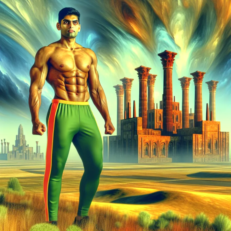 Hyper-realistisch beeld van een sterke man in sportkleding, staand in een monumentaal landschap met indrukwekkende architectuur.