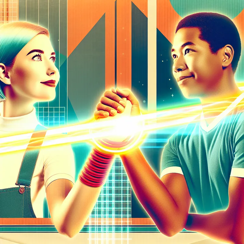 Twee vrienden met een gloeiende onbreekbare ketting om hun polsen, symbool voor een sterke band en vertrouwen in een retro-futuristische illustratie