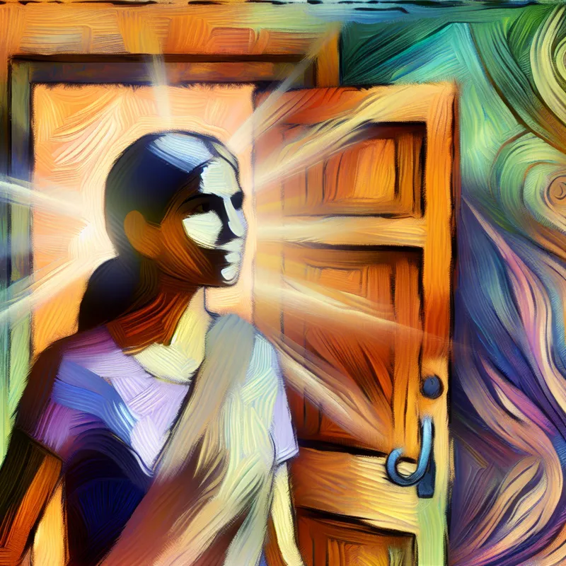 Een sterke volwassen vrouw staat zelfverzekerd voor een houten deur, verlicht door warm zonlicht.