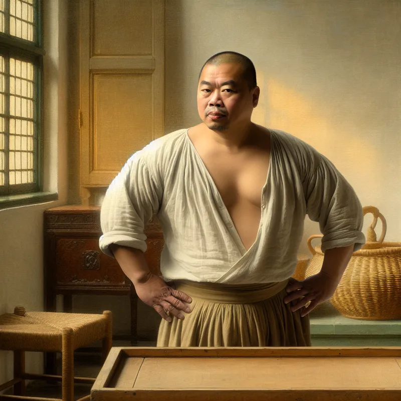 Jonge man met stevige lichaamsbouw in een rustige, Vermeer-achtige huiskamerscène, verlicht door zacht diffuus licht