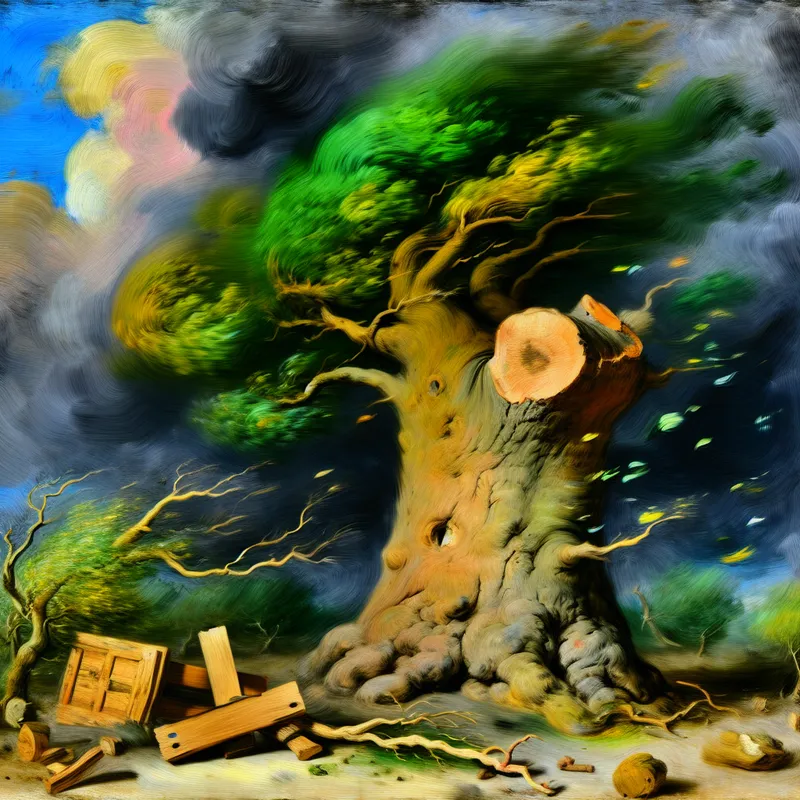 Een sterke boomstam die standhoudt tegen een storm met zwarte wolken en wervelende wind.