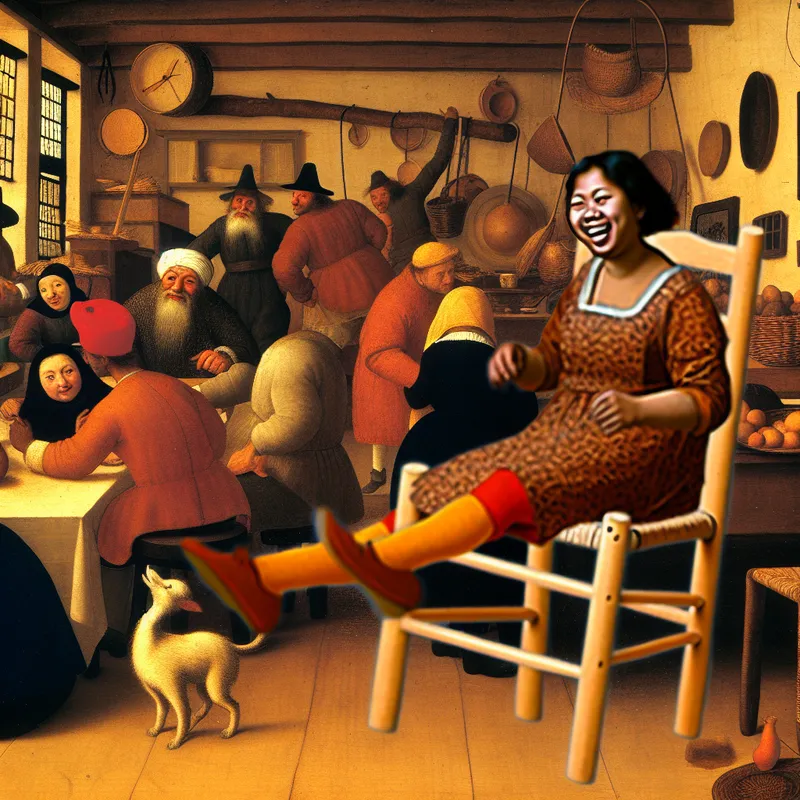 Een stevige houten stoel steunt een ontspannen persoon in een gezellige, drukke kamer vol leven.