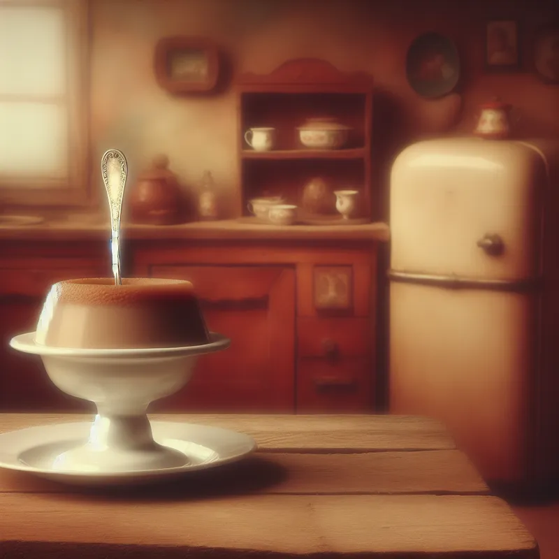 Kom stevige pudding met rechtopstaande lepel in nostalgische keuken, illustratie van dikke consistentie