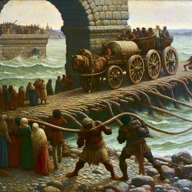 Oude stenen brug met reizigers en kar, symboliserend stevigheid en kracht, met een sterke man die tevergeefs aan een dik touw trekt
