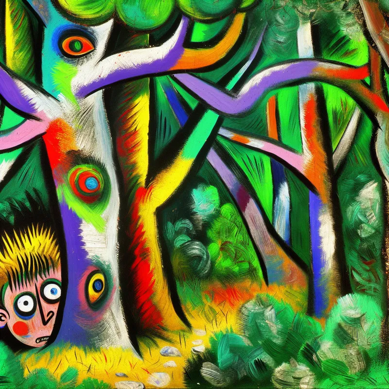 Kind gluurt stiekem achter kleurrijke boom in expressieve schilderstijl van Karel Appel