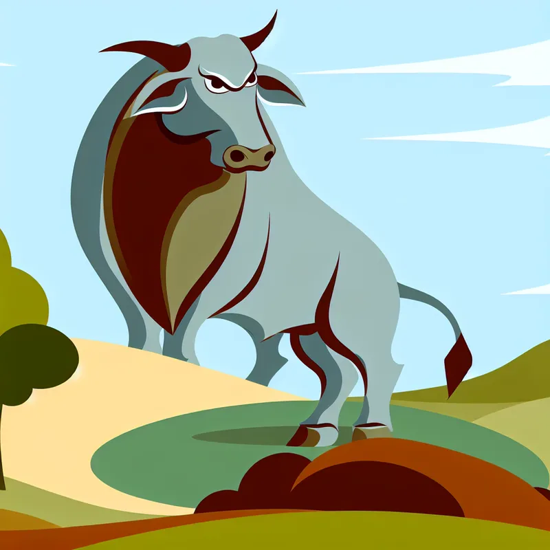 Krachtige en majestueuze stier staat zelfverzekerd in een serene landschap, omringd door zachte heuvels en een blauwe lucht.