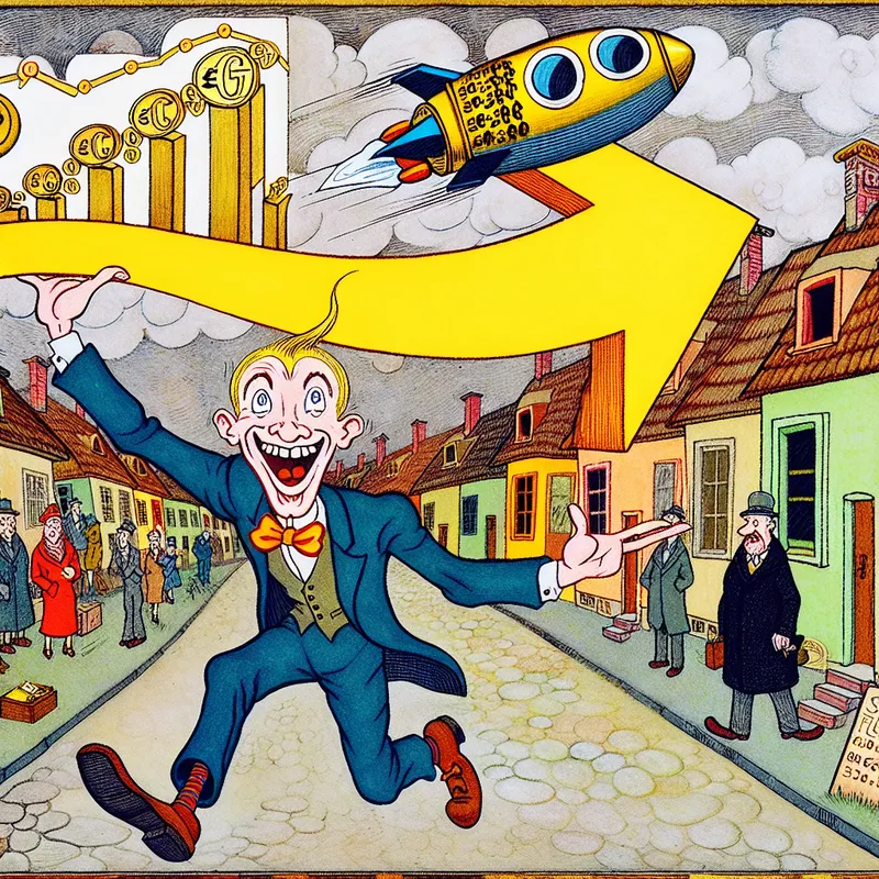 Grappige cartoon van een vastgoedmakelaar met een gouden pijl met een huis erbovenop, symboliserend de stijging van huizenprijzen