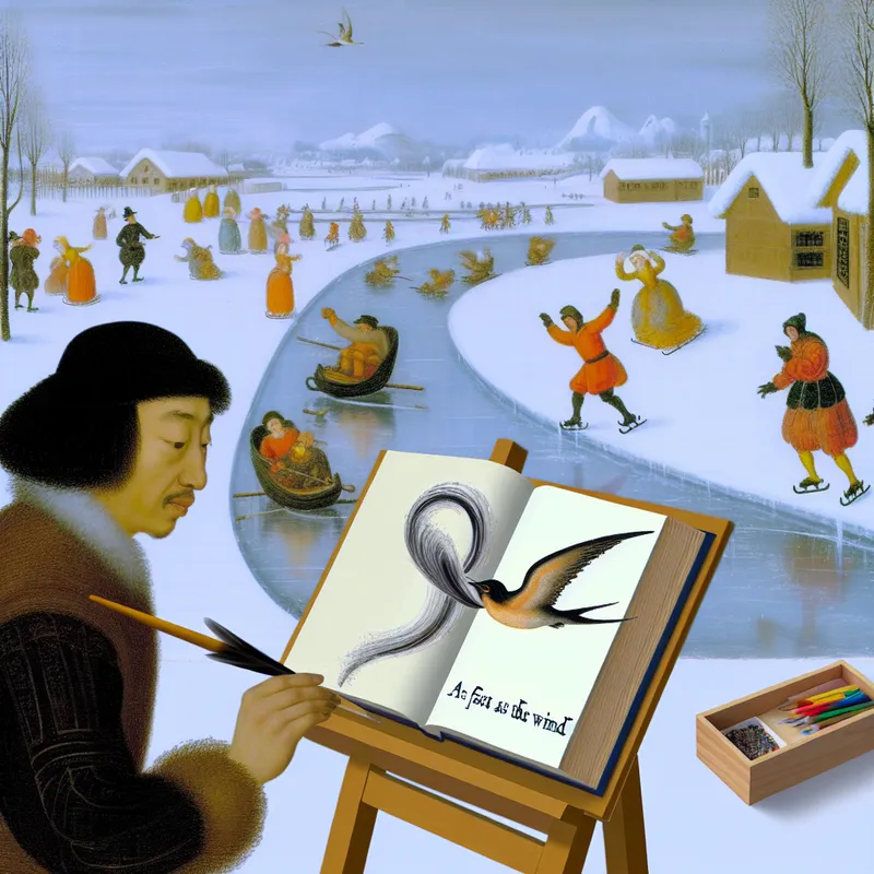 Dichter bij een ezel met een open boek waarin een vogel overgaat in wind, symboliserend voor de stijlfiguur 'Zo snel als de wind' in een levendige winterse grachtenscène in de stijl van Hendrick Avercamp