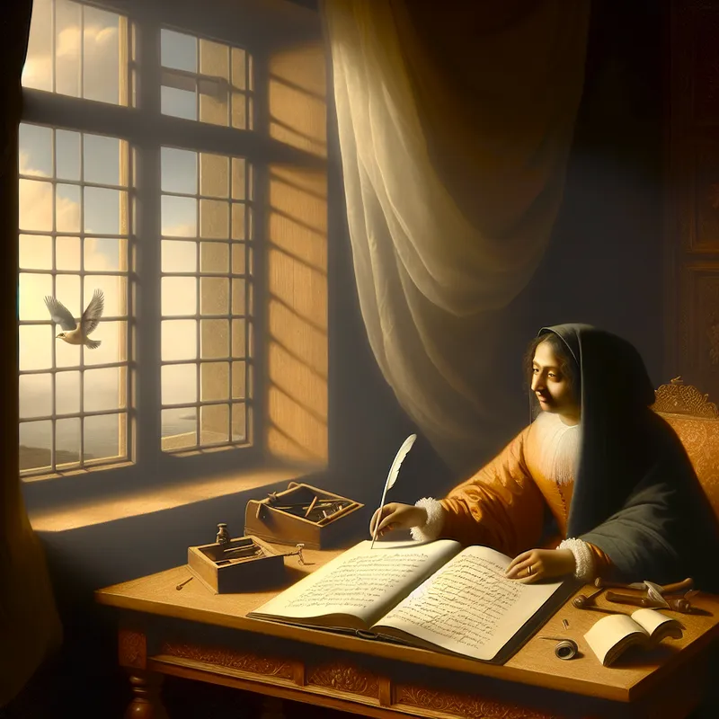 Dichter aan houten bureau bij zonlicht, schrijvend in poëzieboek met de zin 'zo vrij als een vogel', terwijl een vogel buiten vrij vliegt