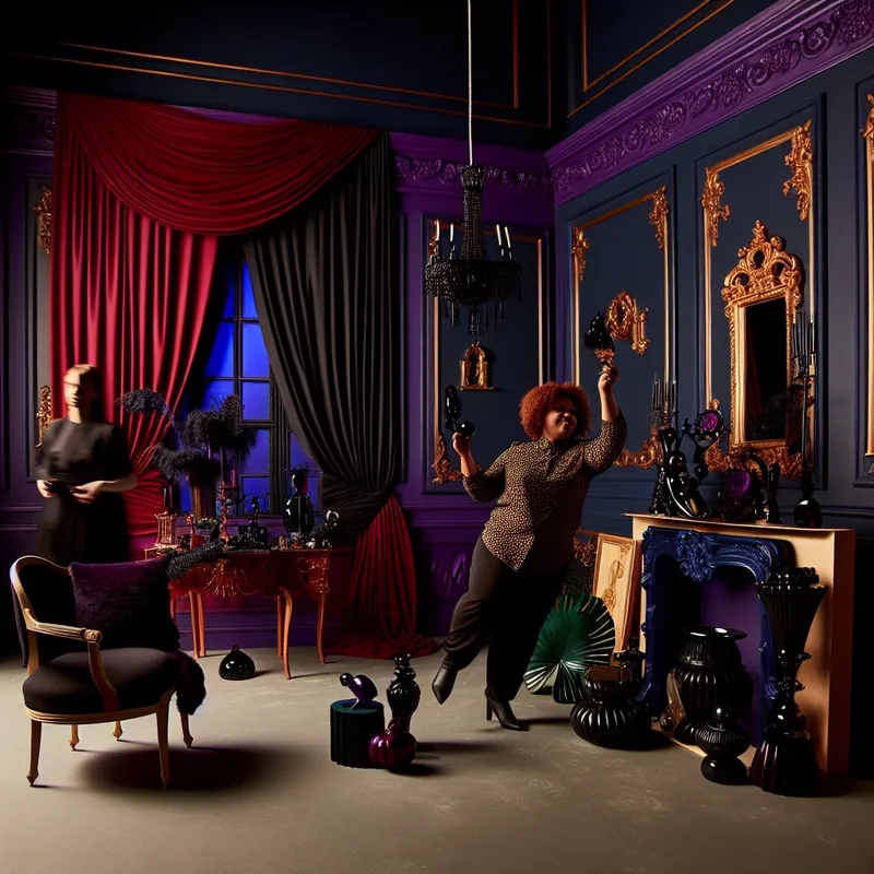 Een vrouw organiseert haar stijlvolle kamer met donkere kleuren, waaronder marineblauw en bordeauxrood, verlicht door dramatisch licht.