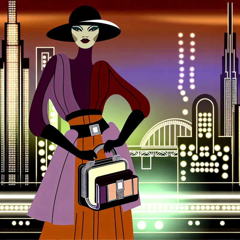 Een elegante handtas in een retro-futuristische stijl, gepresenteerd door een stijlvolle vrouw in een levendige stad bij schemering.