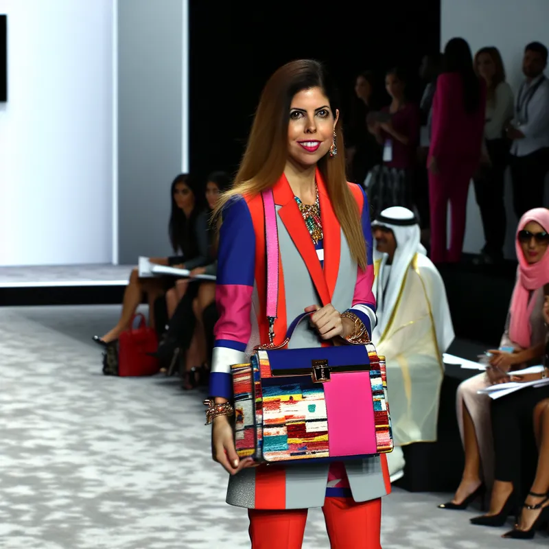 Jonge vrouw in kleurrijke outfit met bijpassende handtas op een modeshow