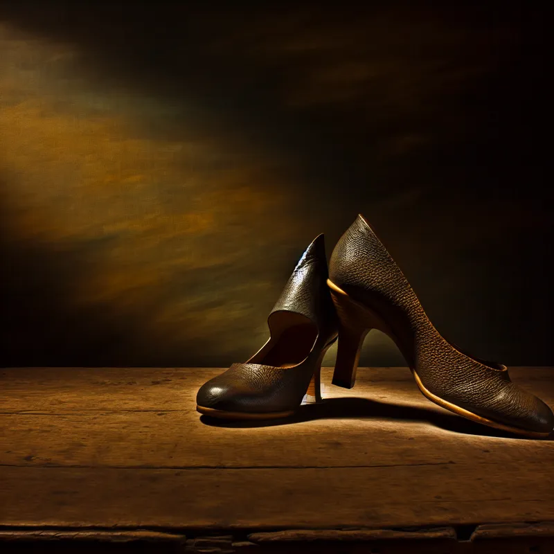 Elegante schoenen op een rustieke houten oppervlakte met dramatische belichting