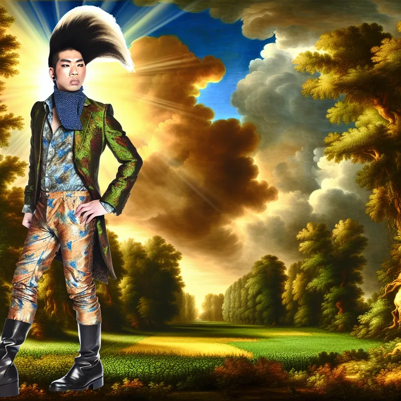 Een persoon in een stijlvolle outfit staat in een levendig buitenlandschap onder een dramatische lucht.