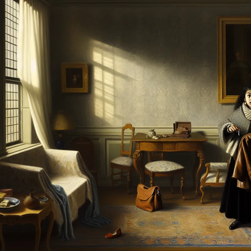 Een stijlvolle vrouw op zoek naar haar verloren sleutels in een elegant, verfijnd interieur met zachte verlichting.