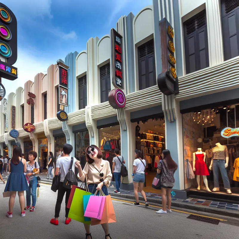 Een modieuze vrouw winkelt vrolijk op een levendige stadsstraat met kleurrijke boodschappentassen in haar handen.