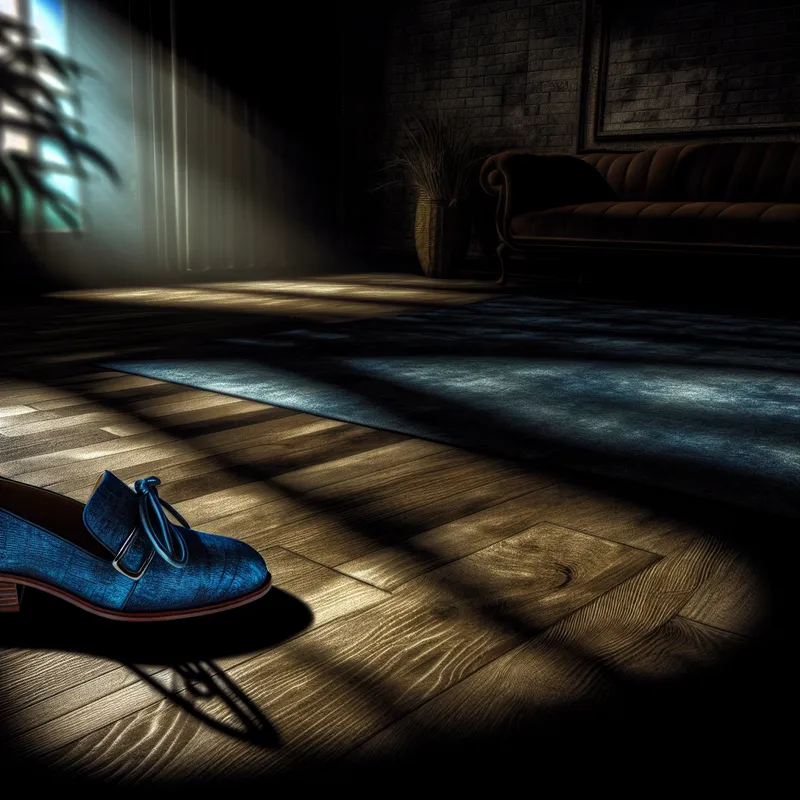 Een stijlvolle blauwe schoen op een elegante, getextureerde houten vloer met dramatische schaduwen.