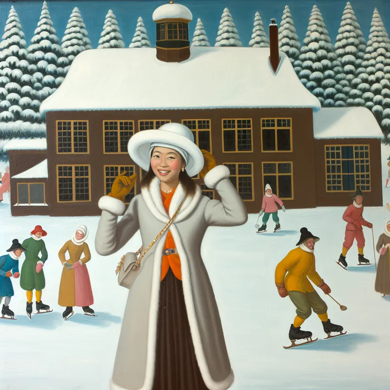 Jonge vrouw in winteroutfit met stijlvolle hoed en jas voor een besneeuwd huis, lachend en vol zelfvertrouwen te midden van winteractiviteiten.