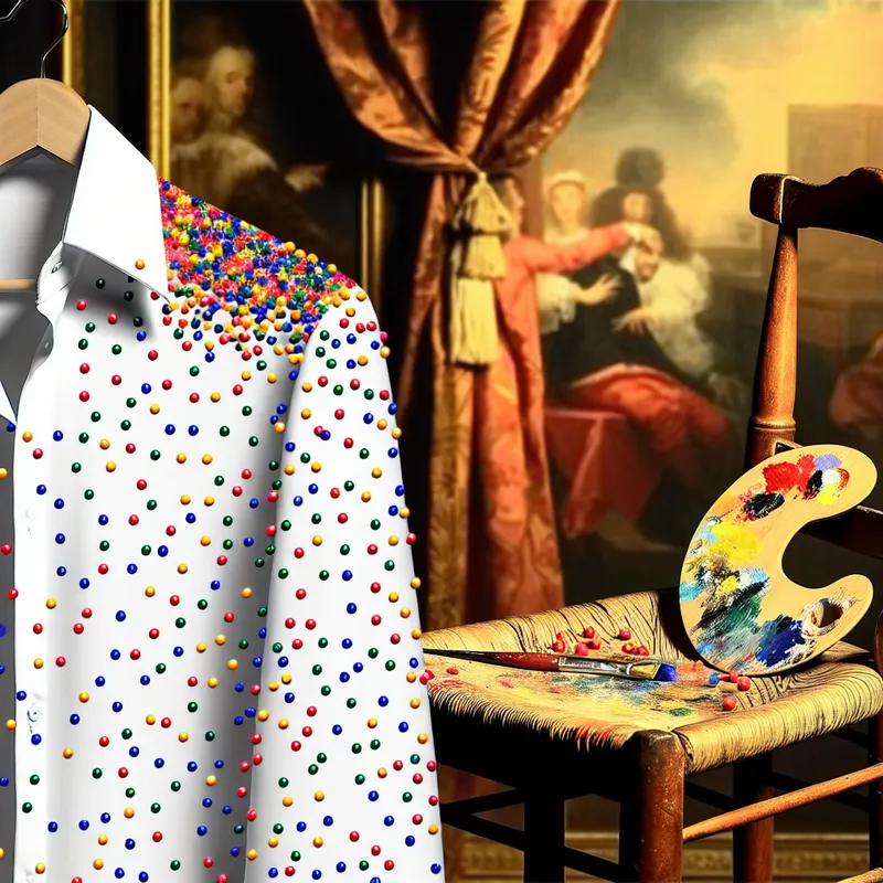 Een close-up van een stijlvolle shirt met kleurrijke stipjes, draperend over een houten stoel in een klassiek decor.