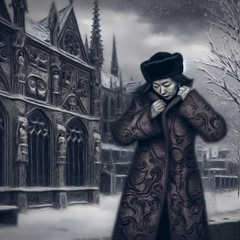 Een eenzame figuur in een stijlvolle winterjas voor een gothic-stijl gebouw, omgeven door winterse bomen en een bewolkte lucht.