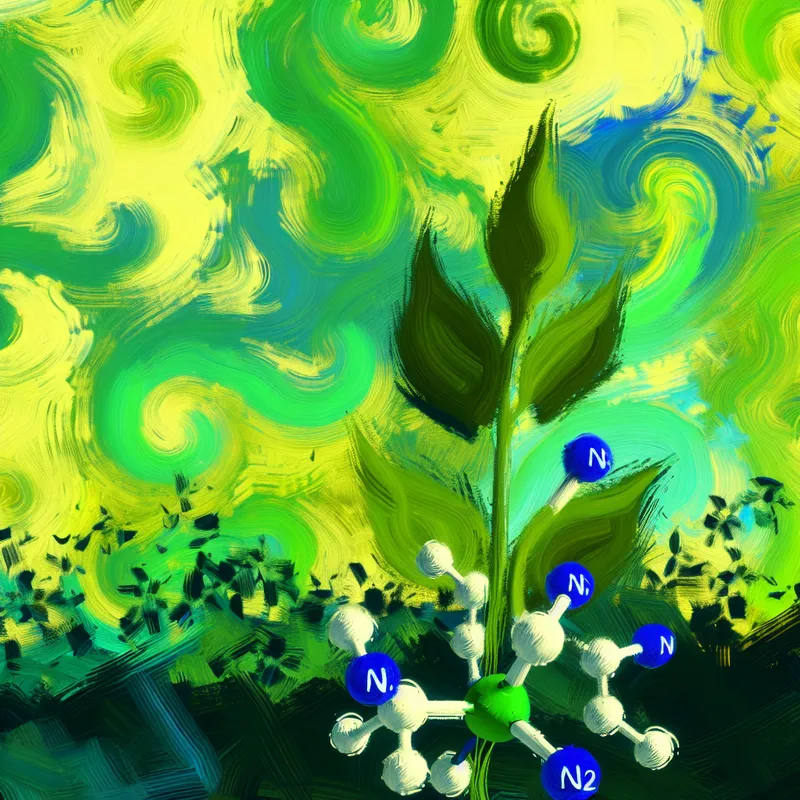 Abstract expressionistische illustratie van een plant die stikstof (N) opneemt uit de bodem, met dynamische penseelstreken en wetenschappelijke symboliek