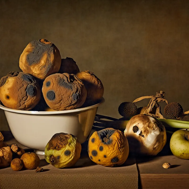 Still life van een kom met rot fruit en verwelkte groenten, met tekenen van verval.