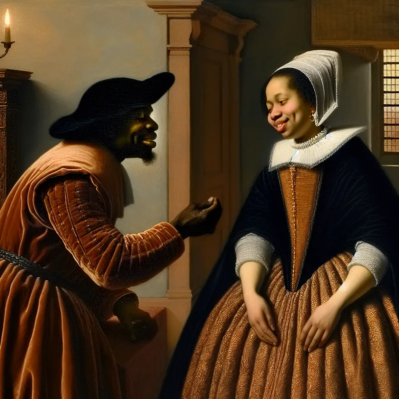 Twee personen in 17e-eeuwse kleding wisselen een stille aanwijzing uit in een verfijnd interieur, geschilderd in de stijl van Gerard ter Borch