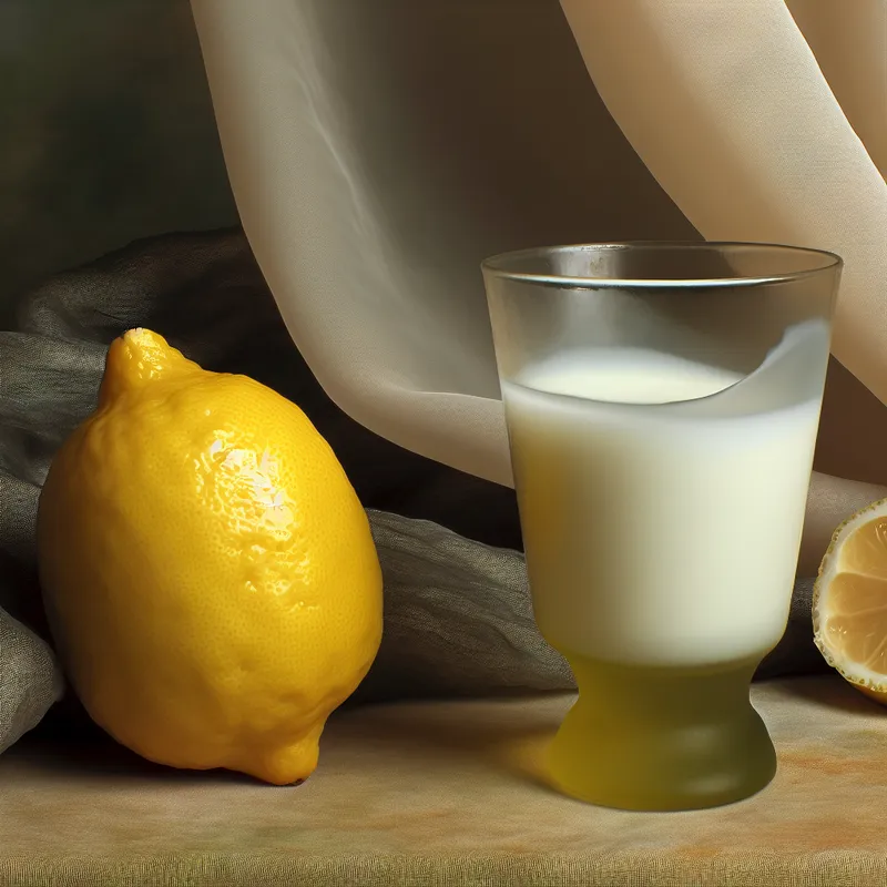 Stilleven van een glanzende, verse citroen naast een glas met zure melk tegen een zachte, gedrapeerde stof achtergrond.