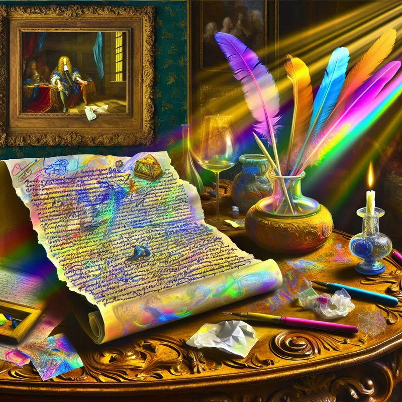 Een levendige stilleven met een kleine handgeschreven pagina op een antieke houten bureau, omringd door kleurrijke veertjes en een inktpot.