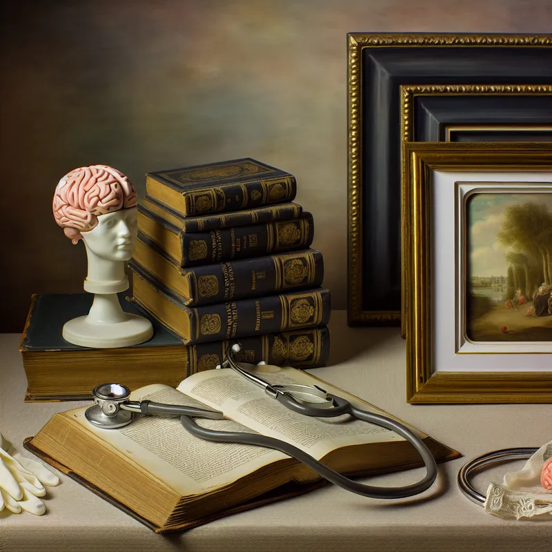 Stilleven van een vintage doktersbureau met medische boeken, een stethoscoop en een anatomisch model van een menselijke hersenen, dat hersenletsel symboliseert.