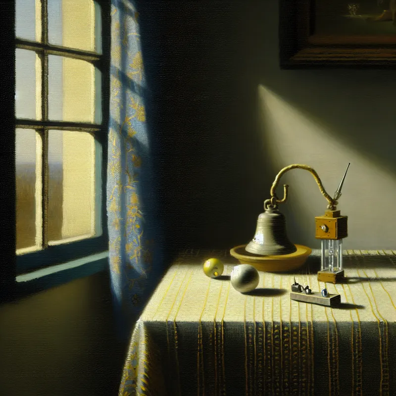 Elegant still life arrangement featuring a small bell on a finely woven tablecloth, inspired by Vermeer
