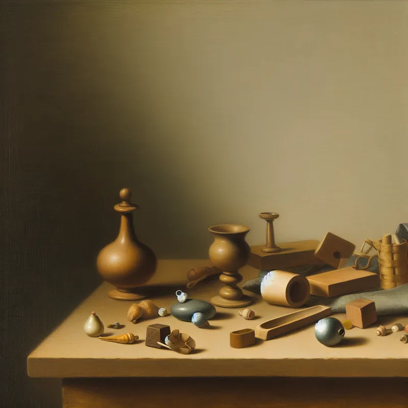 Stilleven met kleine prulletjes op een houten tafel, waaronder een houten ambachtsitem en een vervaagd stuk stof, verlicht met zachte, gedempte verlichting.