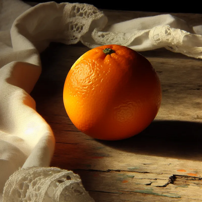 Stilleven met een glanzende sinaasappel op een rustieke houten tafel, omringd door delicate witte linnen stof.