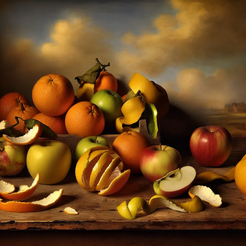 Realistische stilleven van kleurrijke sinaasappels en appels op een houten tafel, met een dramatische lucht op de achtergrond.