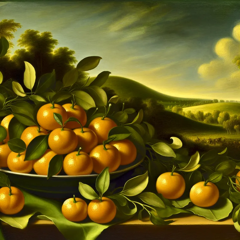 Een stilleven met een kom vol met heldere sinaasappeltjes omringd door groene bladeren en een serene landschap op de achtergrond.