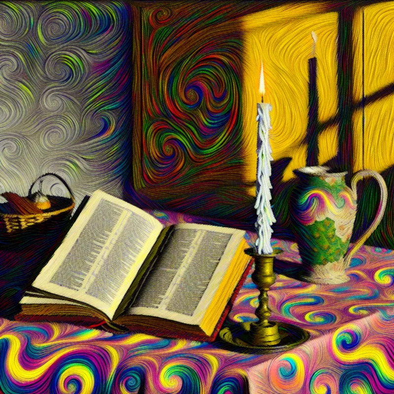 Stilleven van een kleurrijke tafel met een open boek en een kandelaarkandelaar, met een lichte keuken op de achtergrond.