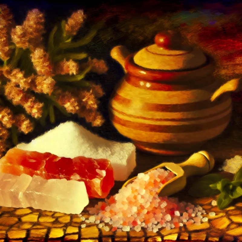 Vibrante stilleven met diverse vormen van zout op een houten tafel, geïnspireerd door Frans Hals.