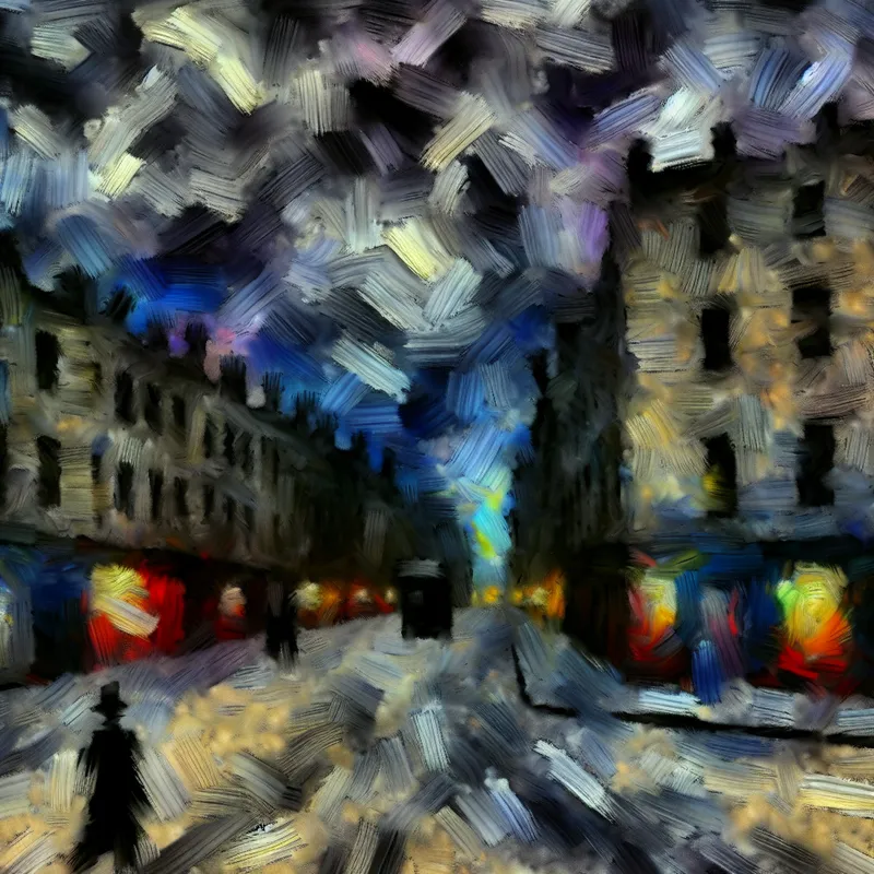 Surrealistisch schilderij van een verlaten straat bij schemering, stilstand en inactiviteit uitbeeldend in de stijl van Willem de Kooning