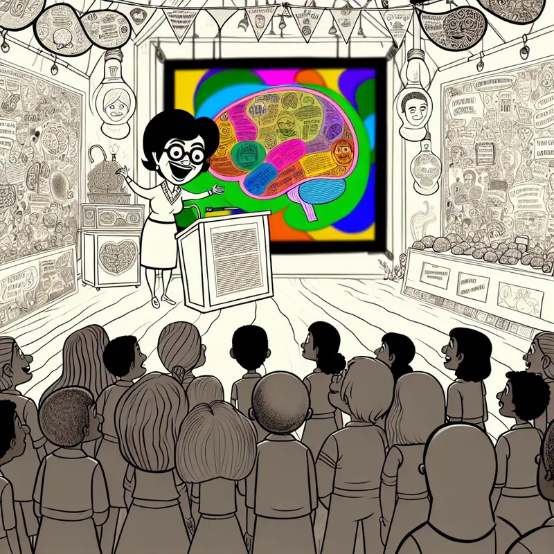 Een kleurrijke cartoonachtige scène in een klaslokaal met een enthousiaste leraar die een groot poster presenteert aan nieuwsgierige studenten.