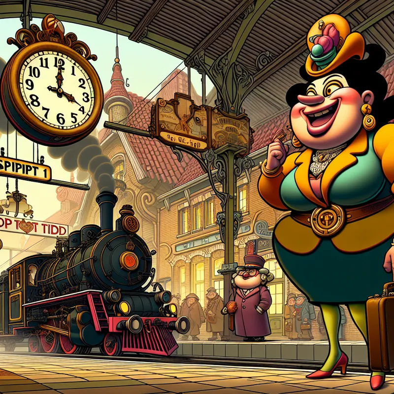 Vrolijke cartoon van een stipt vertrekkende stoomtrein om 8:30 uur, met een punctuele vrouw op het perron en een stationklok die precisie uitstraalt